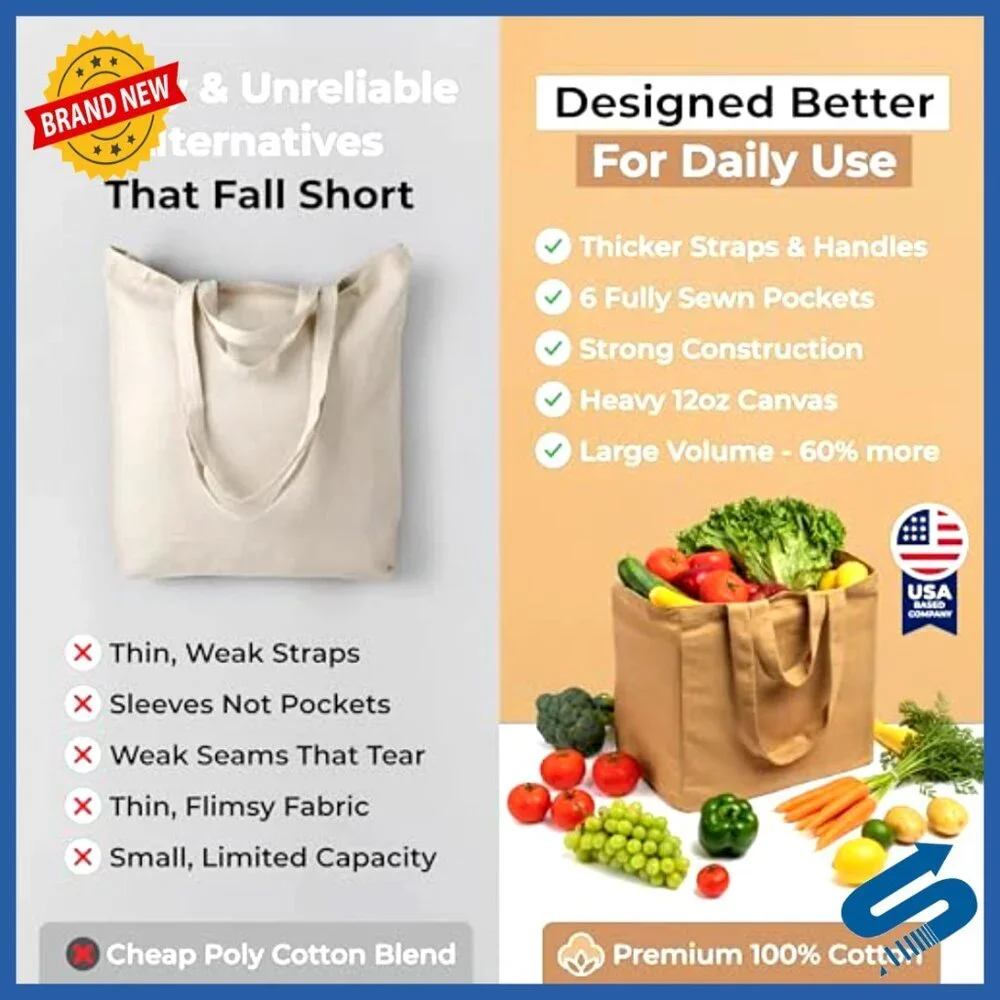 Heavy Duty Canvas Grocery Tote Set with Pockets Foldable Washable Utility